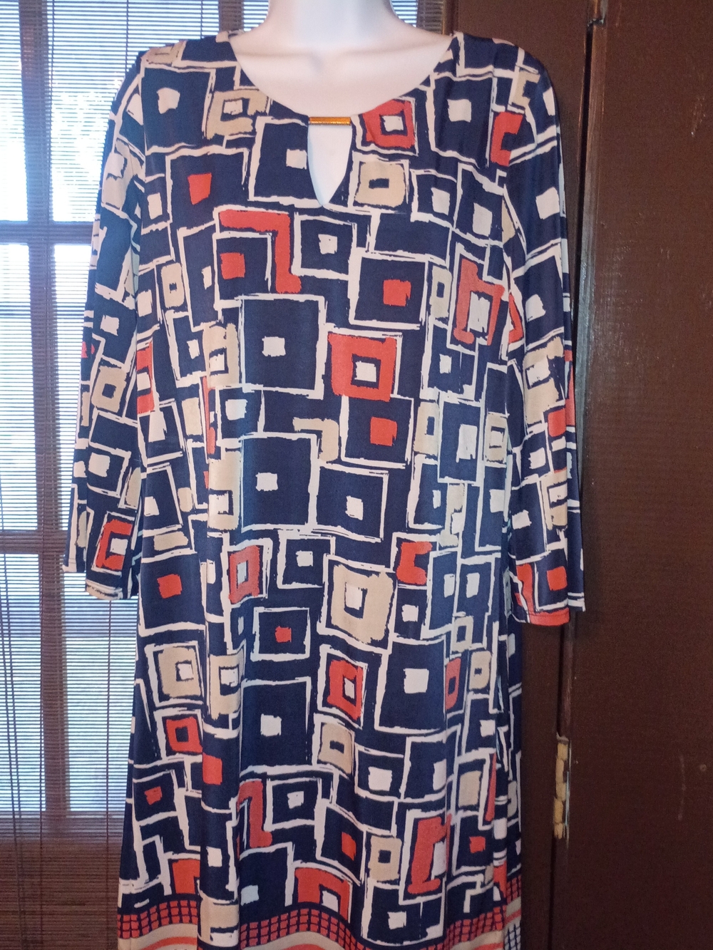 Tacera Navy Geometric Midi Dress with Cream and Orange Accents